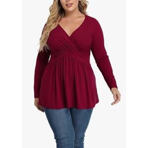Long Sleeve V-Neck Ruched Tunic Top Dark Red NWT Size 5XL
